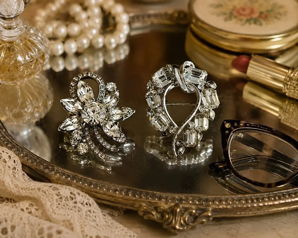 Vintage Weiss Rhinestone Brooch Bundle Clear Crystal Silver Tone Pins Set of 2